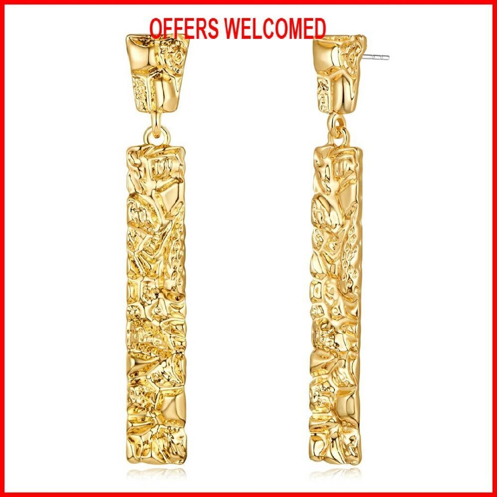 Gold Plated Hammered Dangle Drop Earrings - 3.11 Inch Statement Jewelry